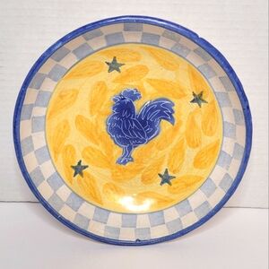 Dan Lasser Vintage Ceramic Stoneware Art Pottery Pasta Bowl Blue Chicken Rooster